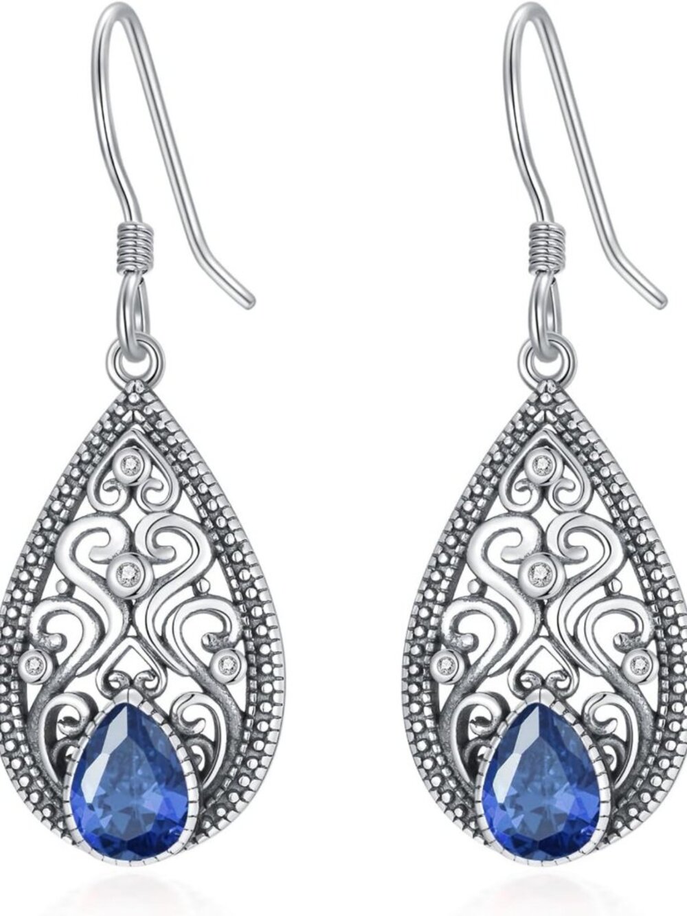Vintage 925 Sterling Silver Filigree Dangle Drop Earrings with Birthstone Charm